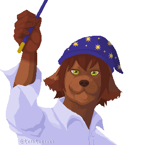 Pixel art drawing of an anthropomorphic dog. He has droopy ears and human-like eyes,and is wearing a white shirt, blue magician cap and his holding a wand.