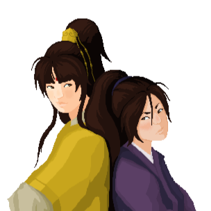 Pixel art of two characters. One is a tall teenage boy yellow clothes, a golden crown, and a red mark on his forehead. The other is a short teenage girl with purple clothes and hair tie. They stand back to back with their arms crossed. End description.