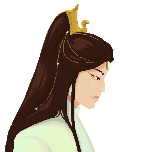 Pixel art illustration of a man's profile. He has long hair, golden makeup and wears an iridescent white hanfu. On his hair, there is a golden, snake-shaped crown. End description.