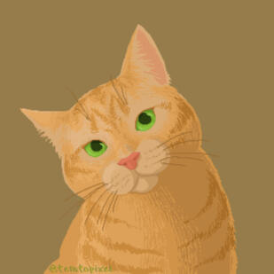 Pixel art illustration of a green eyed orange cat. It is looking towards the viewer with its head slightly tilted aside.