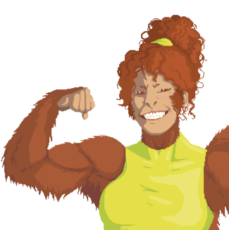 Pixel art illustration of a character's bust. She is a muscular teenager wearing a yellow spandex suit. Her body is covered in thick orange fur resembling an ape's, she has curly hair and pointy teeth. She is flexing an arm and smiling. End description.