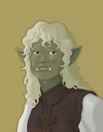 Pixel art drawing of a half orc character over an ochre background. He has green skin with freckles, wavy, white hair, pointed ears and small, boar-like tusks on his mouth. He wears a white shirt with a brown leather vest over it.