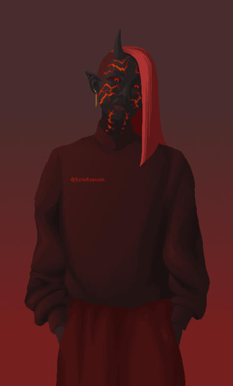 Pixel art drawing of a character. She is a demon with coal like skin, covered in bright red patterns that look like cracks on a stone. She has pointy ears, a single horn on the right side of her head, and black eyes with glowing red irises.