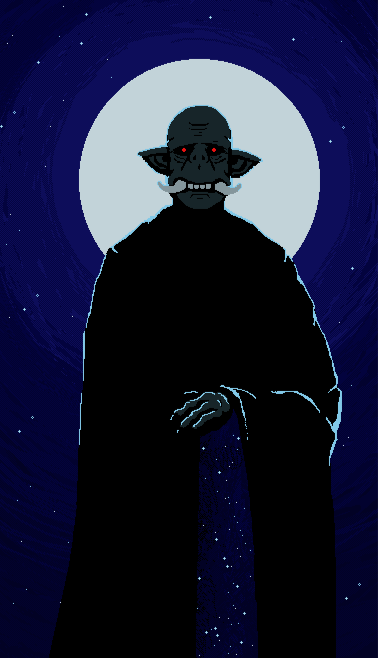 Pixel art illustration of a character. He is an orc with gray skin, a wrinkled face and boar tusks. He wears a pitch-black cloak that seems to contain the night sky inside it. Behind him the full moon can be seen. End description.