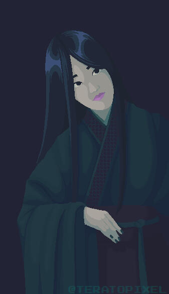 Pixel art drawing of a chinese girl with a dark, cool color palette. She has long hair and a narrow, rounded face with big eyes. She wears dark teal hanfu with a navy blue fish scale pattern on the hems.