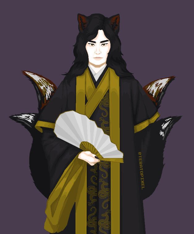 Pixel art illustration of a chinese fox demon. He has long black hair, fox ears and four tails, and wears a black and golden hanfu, embroidered with golden snakes. With a clawed hand, he holds a white fan. End description.