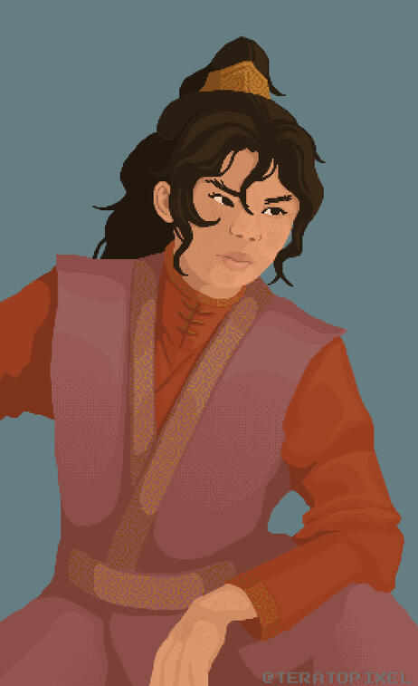 Pixel art drawing of Quan Yizhen, character from the book Heaven Official's Blessing. He is a young Chinese man with tanned skin, curly hair, messy eyebrows, and a serious expression. He wears an orange and light brown hanfu with golden highlights.