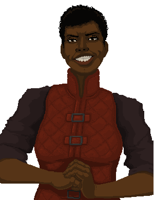 Pixel art illustration of a character. She is a black woman with short hair and a large, mischievous smile on her face. She wears read and brown clothes, and is cracking her knucles. End description.