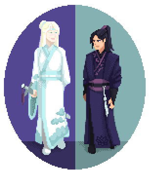 Pixel art illustration of two characters. One is a long-haired person with albinism, wearing a white and blue hanfu with cloud motifs, and holding a sword. The other is a man wearing a dark purple hanfu with lotus motifs. End description.