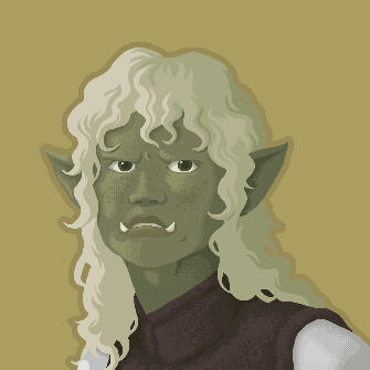 Pixel art drawing of a half orc character over an ochre background. He has green skin with freckles, wavy, white hair, pointed ears and small, boar-like tusks on his mouth. He wears a white shirt with a brown leather vest over it.