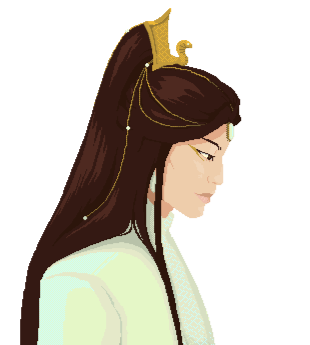 Pixel art illustration of a man's profile. He has long hair, golden makeup and wears an iridescent white hanfu. On his hair, there is a golden, snake-shaped crown. End description.