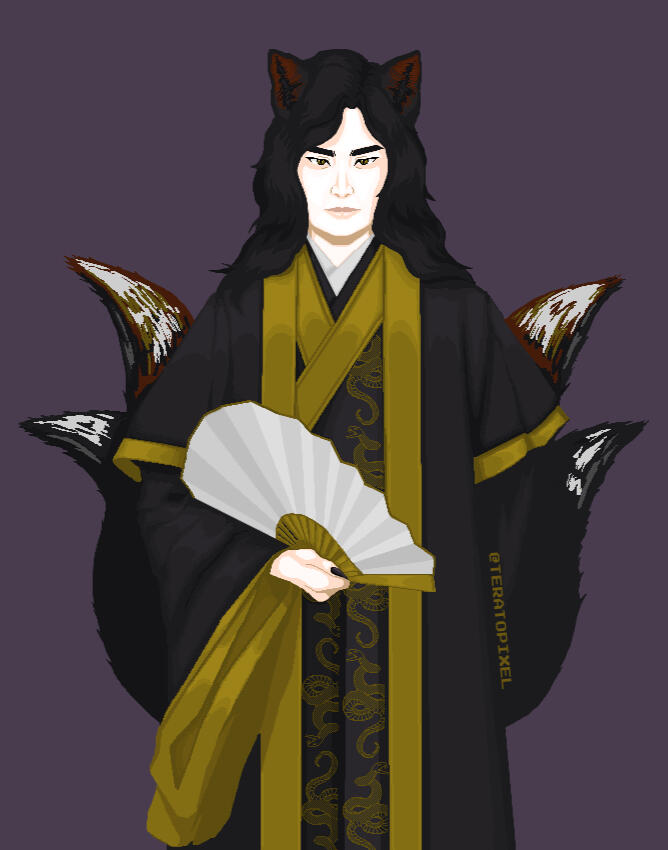 Pixel art illustration of a chinese fox demon. He has long black hair, fox ears and four tails, and wears a black and golden hanfu, embroidered with golden snakes. With a clawed hand, he holds a white fan. End description.