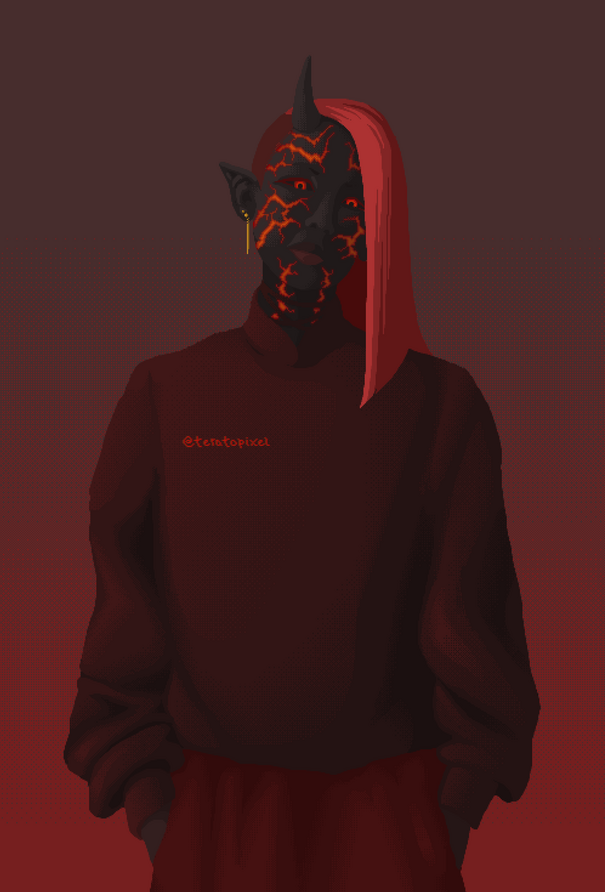 Pixel art drawing of a character. She is a demon with coal like skin, covered in bright red patterns that look like cracks on a stone. She has pointy ears, a single horn on the right side of her head, and black eyes with glowing red irises.