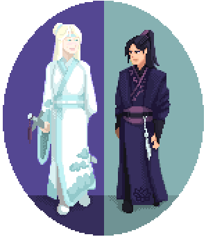 Pixel art illustration of two characters. One is a long-haired person with albinism, wearing a white and blue hanfu with cloud motifs, and holding a sword. The other is a man wearing a dark purple hanfu with lotus motifs. End description.