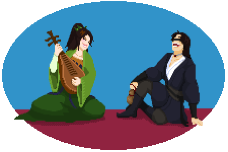 Pixel art illustration of two characters. One is a woman wearing a green hanfu dress. She is smiling and playing a pipa. The other is a man wearing a black hanfu with a v neck and a blindfold. He is laughing and holding a gourd bottle. End description.